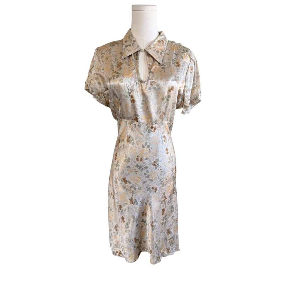 Vintage Express Floral Satin Rayon Dress Size 13/14 Keyhole Neckline Made in USA